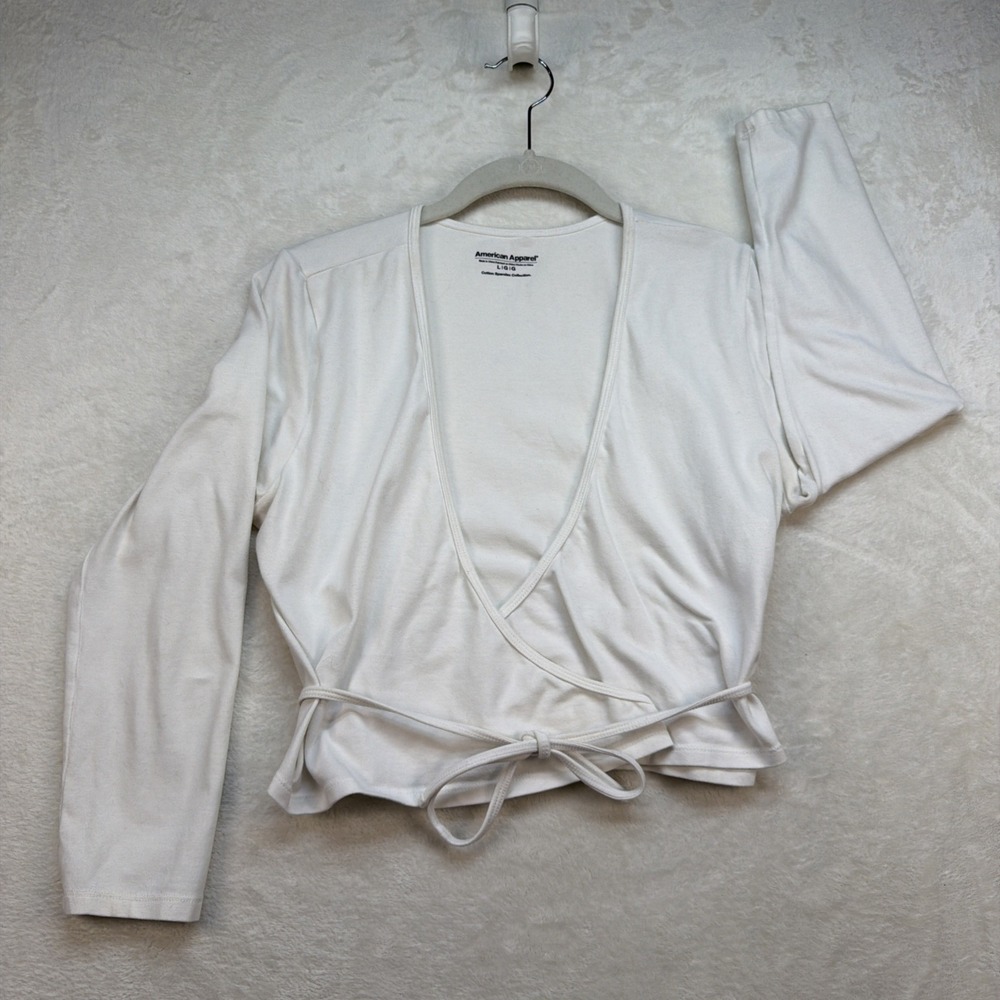 American Apparel Wrap Crop Top Womens L White Tie Front V Neck Y2K Balletcore